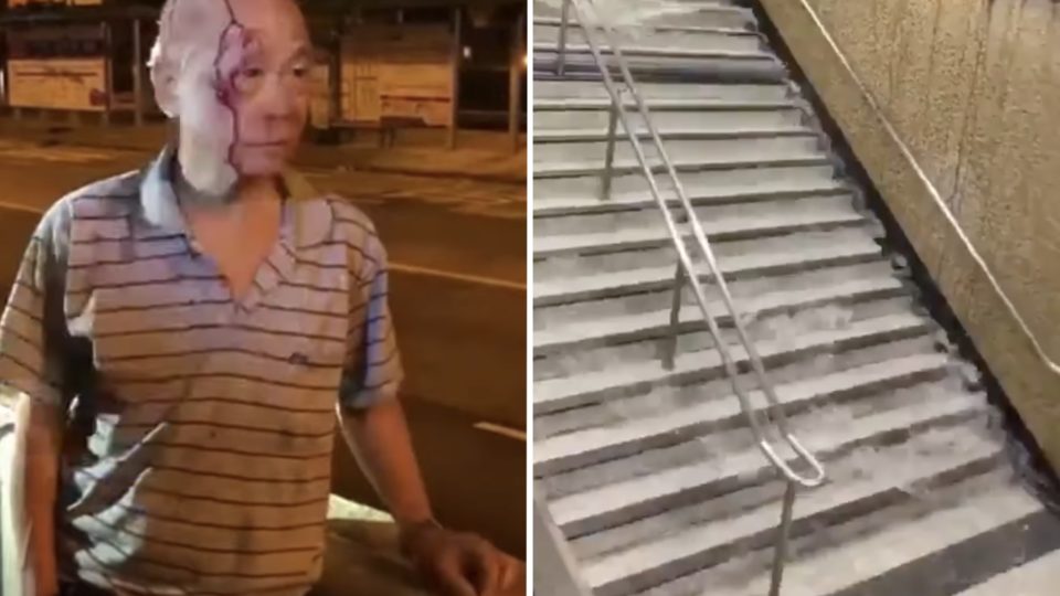 (Left) a man bleeding from the head after allegedly waving a meat cleaver at protesters (right) protesters break a fire hydrant causing Wong Tai Sin MTR station to flood. Screengrabs via YouTube and Twitter video.