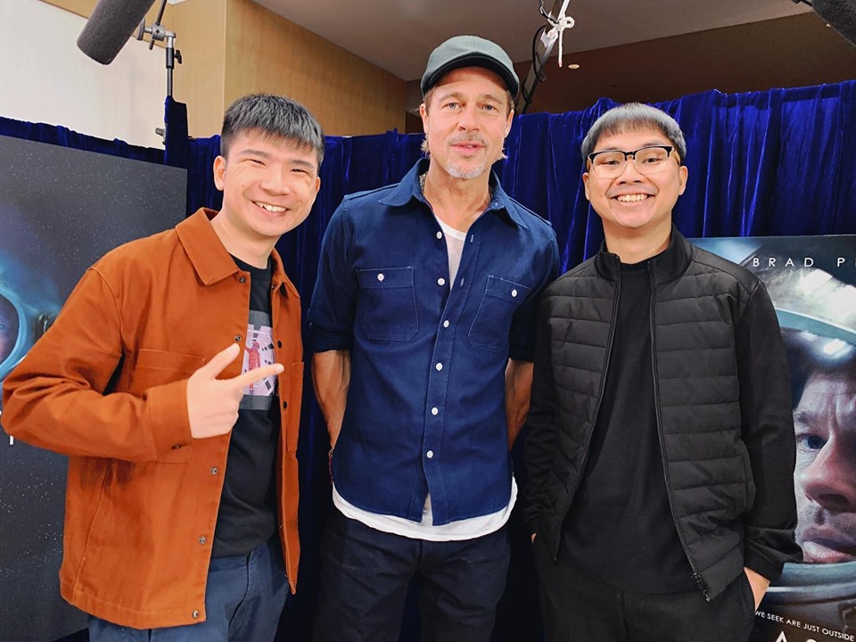 Chatchai ‘Jerry’ Asanachinda and Takit ‘Champ’ Sombatnan pose with Brad Pitt at the September premiere of ‘Ad Astra’ in Tokyo.