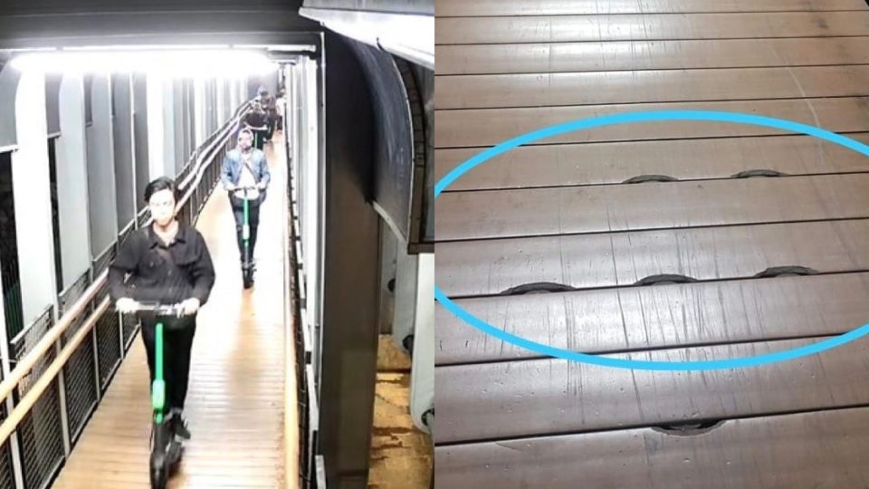 The wooden floor of the newly revitalized pedestrian bridge on Sudirman appears to be damaged as the result of the e-scooter wheels. Photo: Instagram/@binamargadki