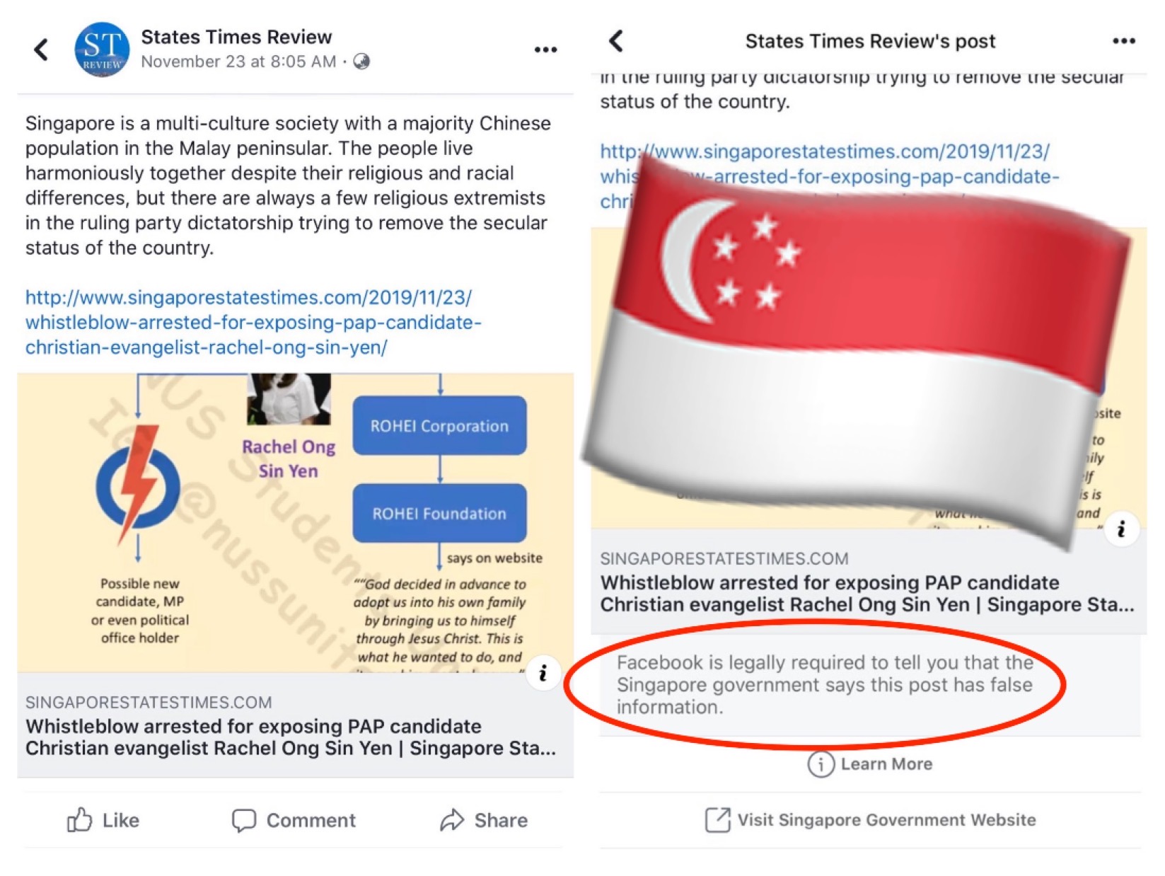 Left: The offending Facebook post without Singapore’s correction. Right: A special note from Singapore. 