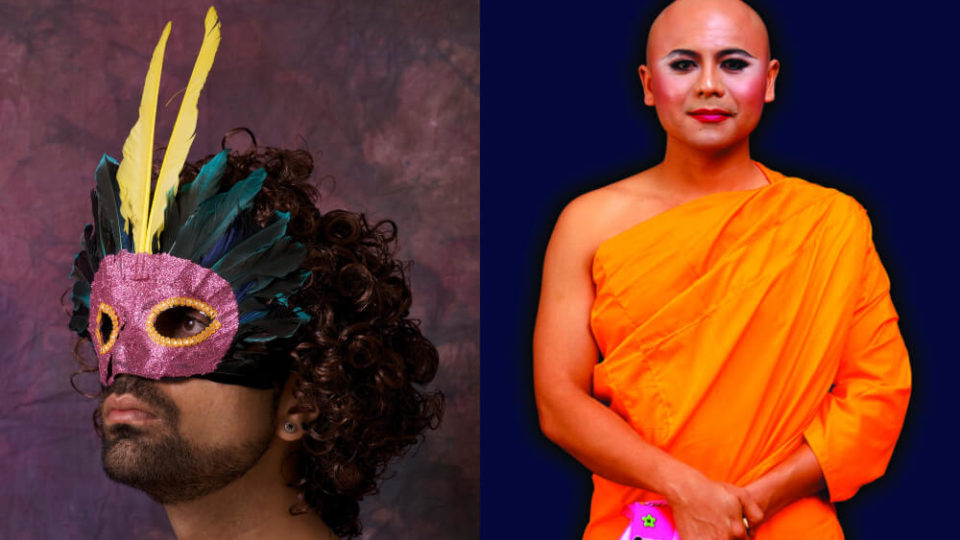 ‘The New Pre-Raphaelites’ by Indian-born artist Sunil Gupta, at left, and ‘Portrait of a Man in Habits 1’ by Thai-American artist Michael Shaowanasai, at right.