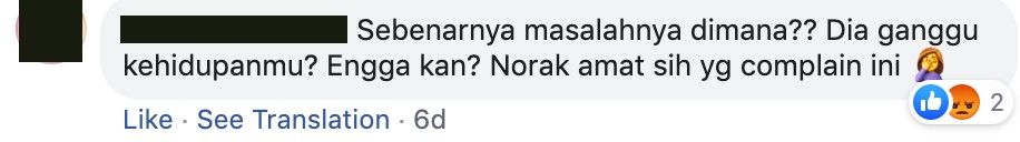 'What's the problem here? Is she bothering your life? No, right? People complaining about this are so tacky.' Screengrab: Facebook