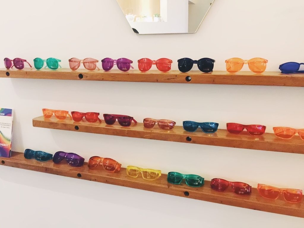 Colored glasses for sale in the lounge. Photo: Coco Travel