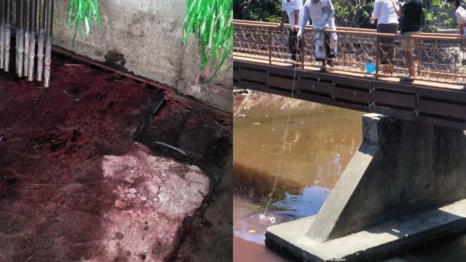 Water in the Badung river turned red yesterday morning, prompting authorities to carry out an investigation. Photo: DLHK Denpasar / Instagram
