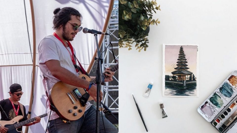 Left: Manja during performance. Right: Watercolor painting of a Balinese temple by Yenti Amelia. Photos: Facebook and Instagram