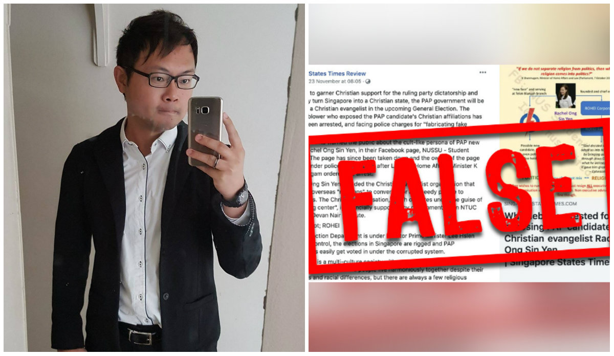 States Times Review editor Alex Tan, at left. Tan’s Nov. 23 Facebook post stamped “FALSE” by Singapore’s “fake news” center. Images: Alex Tan/Facebook, POFMA