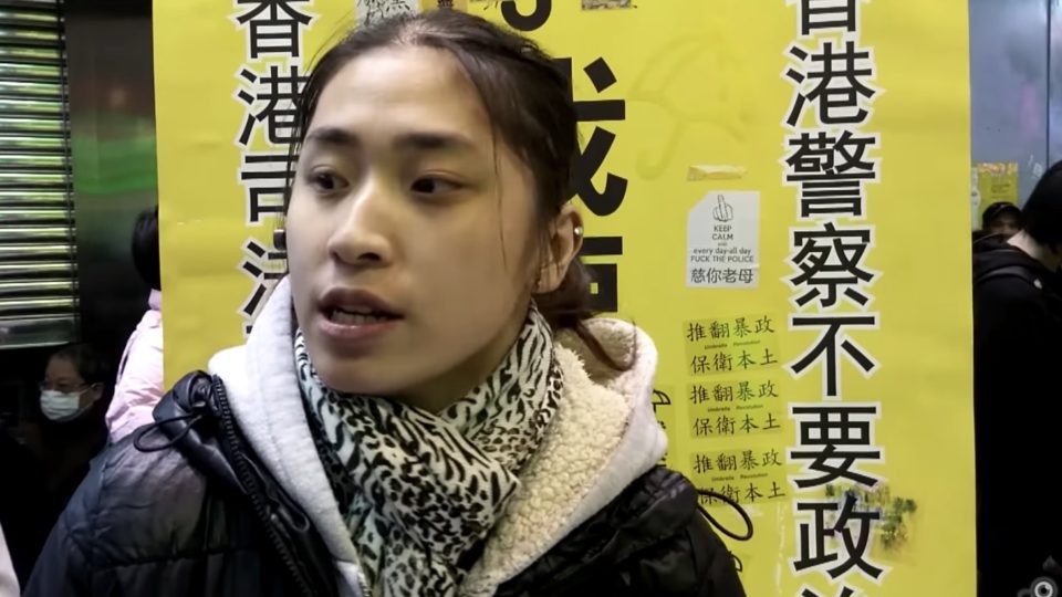 Amy Pat Wai-fun on the night of the Lunar New Year ‘Fishball Riots’ of 2016. Screengrab via YouTube.