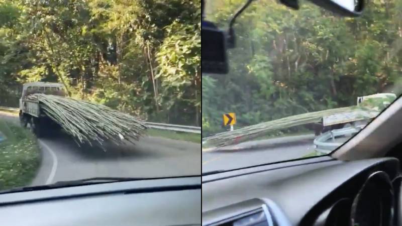 A truck drives its very pointy and poorly secured load on a Chiang Mai province mountain road. Images: Psolemn / Twitter
