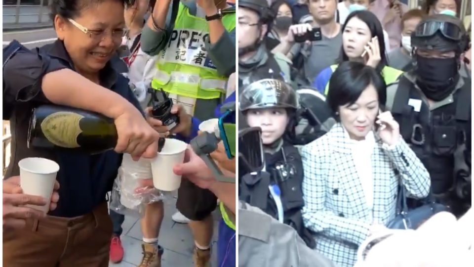 A jubilant woman (left) offers pours of champagne as office workers celebrate pro-dems’ district council wins today. Pro-Beijing lawmaker Regina Ip (right) was escorted away by police after being heckled by the crowd. Screengrabs via Twitter/Facebook/RTHK. 