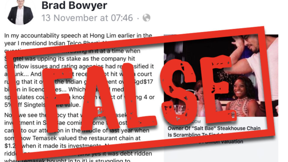 Screenshot of Brad Bowyer’s Facebook post with “FALSE” graphic by Gov.Sg.