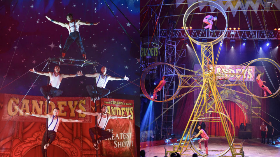 At left, aerial acrobatics by The Survivors. At right, The Space Wheel. Photos: Great Circus of Europe