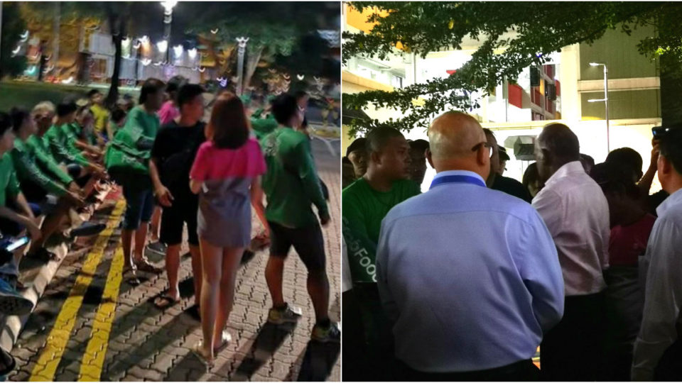 GrabFood, Foodpanda and other couriers gather Wednesday evening in Ang Mo Kio, at left. At right, a Tuesday night meeting with MP and Law Minister K Shanmugam in Yishun. Photos: SG PMD Riders Unite!/Telegram, Dennis Yong/Facebook