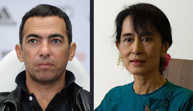 FIFA’s Youri Djorkaeff, at left. Myanmar State Counsellor Aung San Suu Kyi. Photos: Wikimedia Commons
