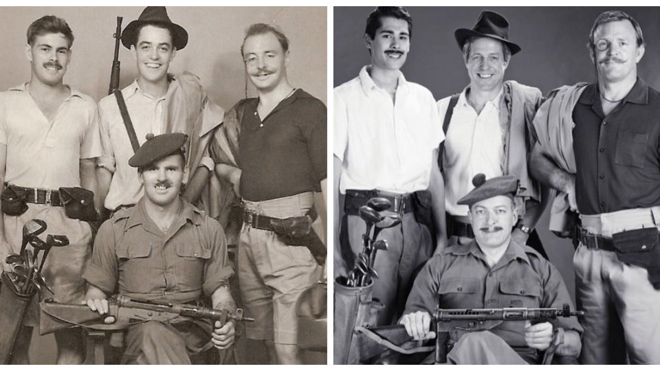 At left, original portrait of Hugh Grant and Guy Ritchie’s fathers (back row, center and right, respectively) as soldiers in Singapore. At right, the two stars’ recreated version. (Photos: Guy Ritchie/Instagram)