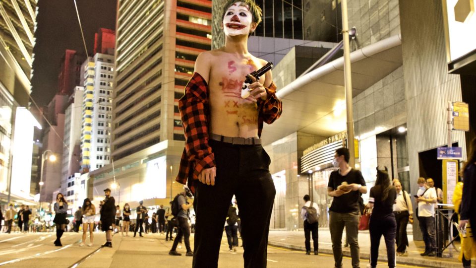 A protester in costume at last night’s Halloween rally. Photo by Vicky Wong.