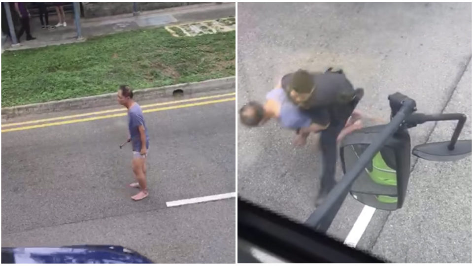 Two still images from a clip showing a police officer taking down a hammer-wielding man on Bedok North Road. Photo: District Singapore/Facebook