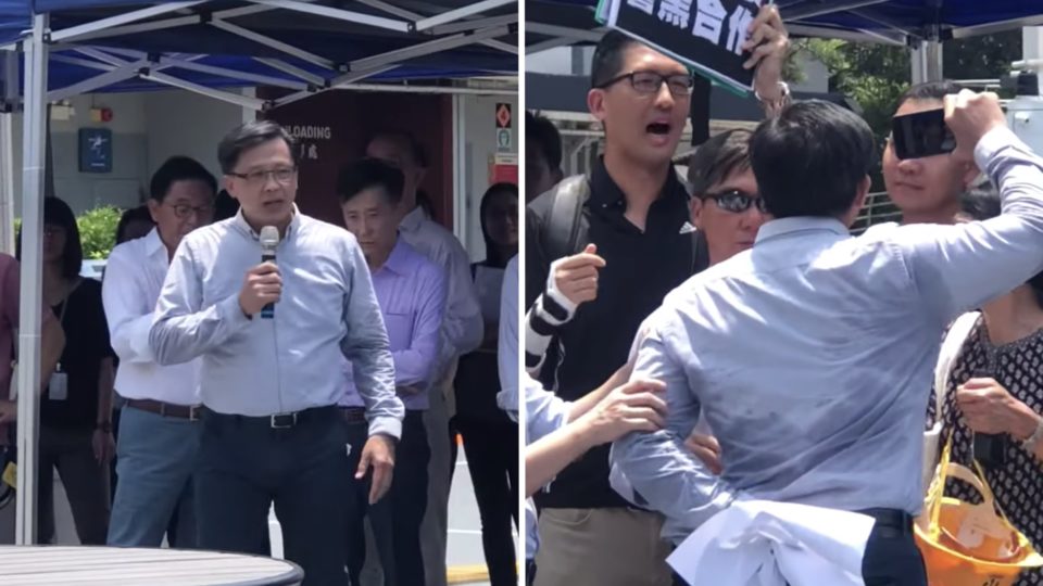 (Left) Pro-Beijing lawmaker Junius Ho at a police demonstration of a water cannon. During the Q&A session he was heckled by pro-democracy lawmakers who yelled ‘Junius Ho, triad’ (right). Screengrabs via YouTube.