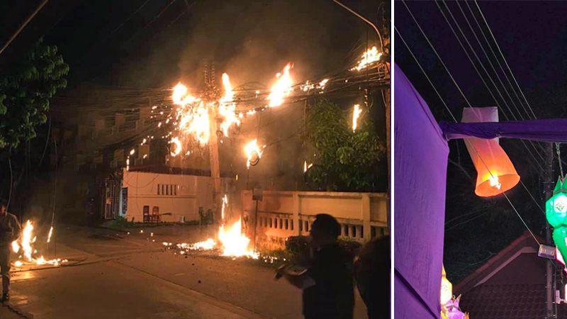 Some of the damages caused by krathong lanterns include setting street decorations and cables on fire. Photo: CM108.com