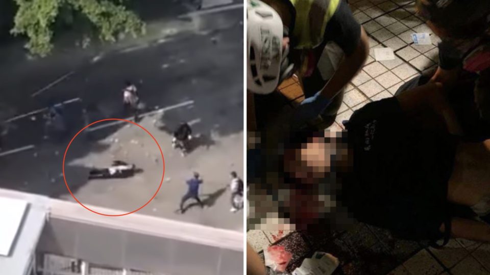 (Left) an elderly man lies on the floor after getting hit on the head by a hard object. (Right) a 15-year-old boy is struck on the head by a tear gas canister. Screengrabs and photos via YouTube and Telegram.