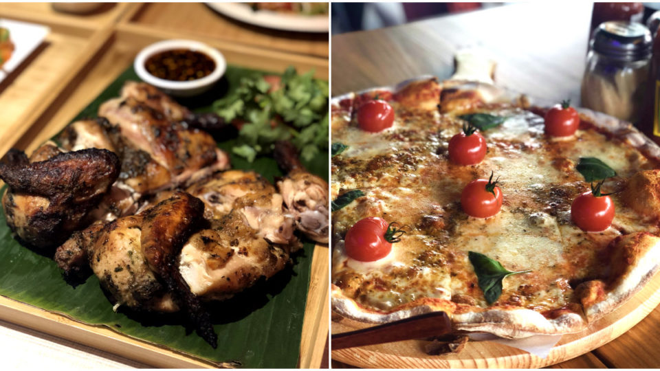 At left, grilled chicken from Kor Kai. At right, Margherita pizza by The Peel 1889. Photos: Coconuts Singapore