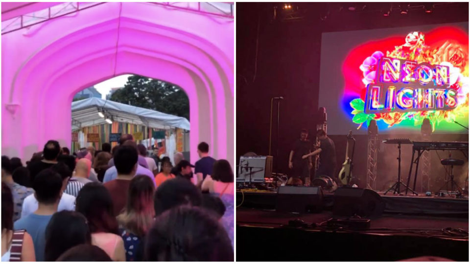 At left, queues outside the festival entrance. At right,  sound crew on stage during Nick Murphy’s set. Photos: sis8bn/Instagram; Christopher Maiz/Facebook