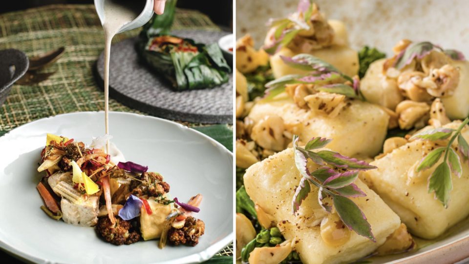 Poem’s vegetable curry with coconut potato puree, pickled daikon and carrots (left), and Hue’s buffalo ricotta dumplings (right). Photos via Facebook and Spice Marketing.