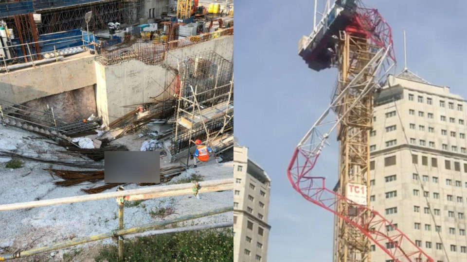 A man lies on the ground after the boom of a crane collapsed, at left. At right, a section of the fallen crane. Photos: Sma Rocky/Facebook