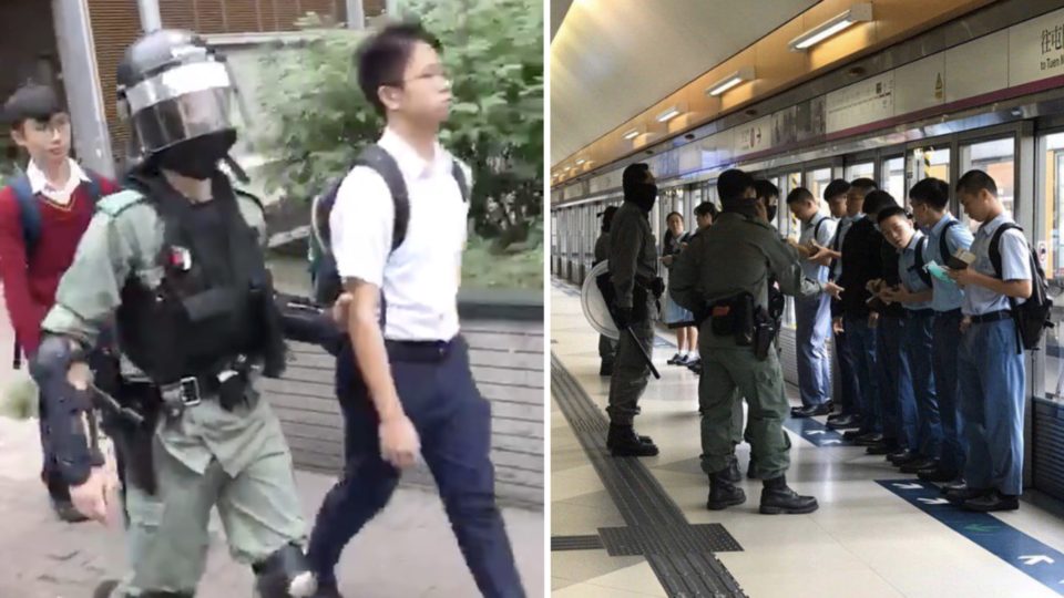 (Left) police apprehend two students outside Kwun Tong swimming pool, (right) police stop and search students on a platform at Tin Shui Wai. Screengrabs and photos via Twitter and Telegram.