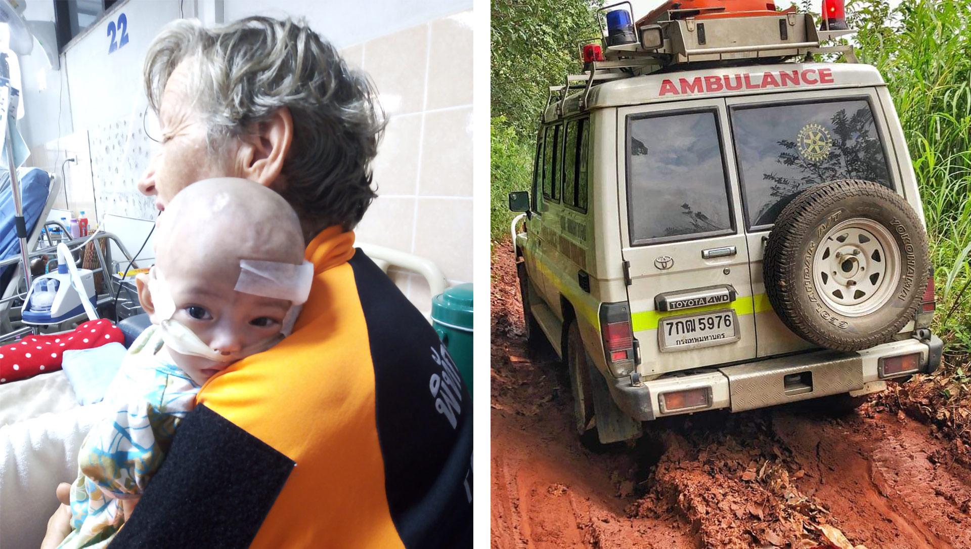 The Bamboo School’s Catherine Riley-Bryan cradles 10-week-old abandoned infant Kamanee at the Phalon Hospital in Kanchanaburi, at left. At right, the school’s Toyota Prado tackles one of the region’s many rough roads. Photos: The Bamboo School and Friends 