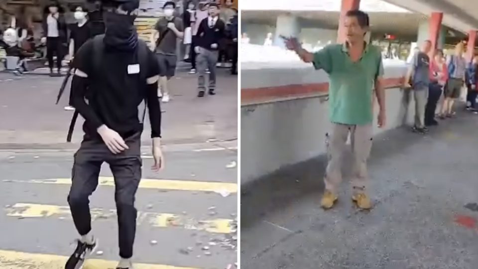 A 21-year-old man moments before he was shot by a police officer (right), and a 57-year-old man moments before he was doused with flammable liquid and set alight (left). Both were taken to hospital yesterday in a critical condition. Screengrabs via YouTube and Facebook video.