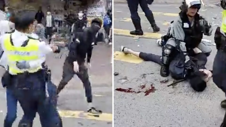 Student Chow Pak-kwan is shot during a an impromptu protest in Sai Wan Ho on Nov. 11. Screengrab via Facebook video.