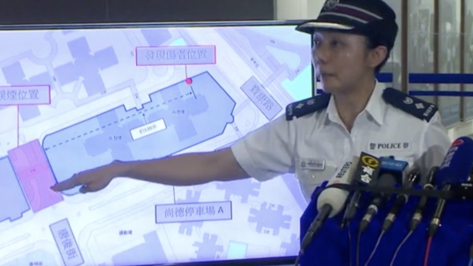 Senior Superintendent Foo Yat-ting showing on a map the floor plan of a car park where a HKUST student fell. It was reported that the student was running away from tear gas that had been fired in the area. Foo shows on the map that tear gas was fired about 120 meters away from where the student fell. Screengrab via RTHK video.