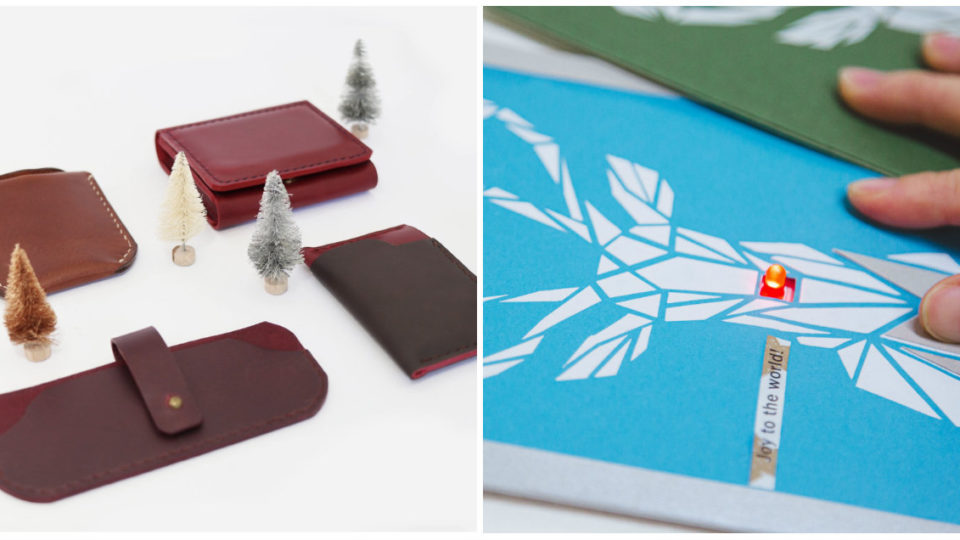 Christmas leather-crafting accessories,at left, and light-up Christmas cards, at right. Photos: Maketh Project / STPI Creative Workshop & Gallery