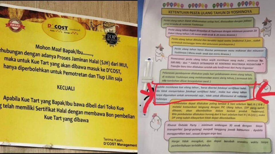 D’Cost (L) and Yoshinoya (R) recently went viral for in-store regulation that doesn’t allow non-halal certified birthday cake to be consumed inside the restaurants. Photos: Istimewa