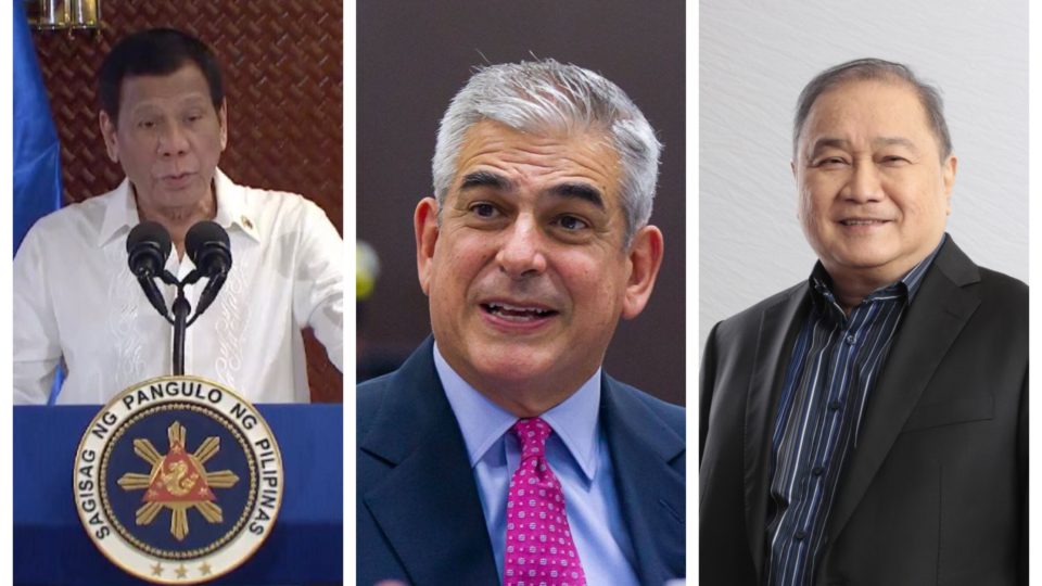 President Rodrigo Duterte and businessmen Jaime Augusto Zobel de Ayala and Manuel Pangilinan. <i>Photo: Screenshot from RTVM video/Ayala FB/Smart Communication website</i>