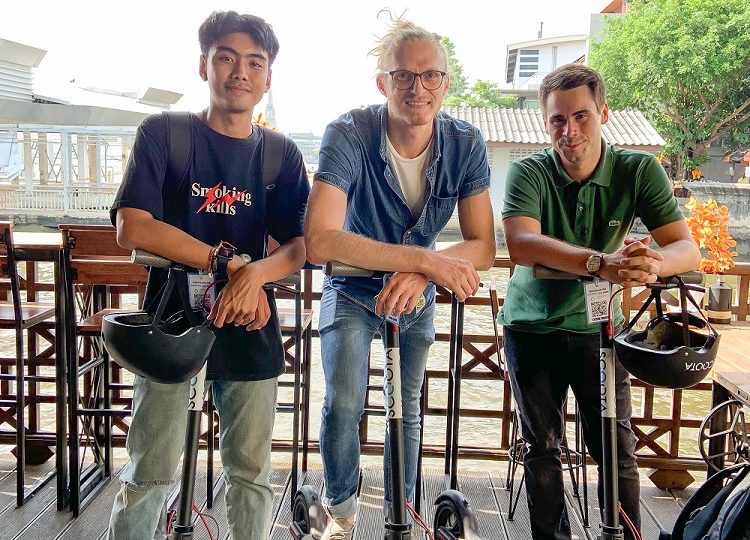 From left, Worawut Limsirisophon, Manuel Bender and Fabian Goebel of electric mobility startup Scoota.