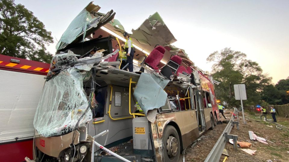 The wreckage of a KMB bus that collided with a tree this afternoon. Photo via HK Police Force.