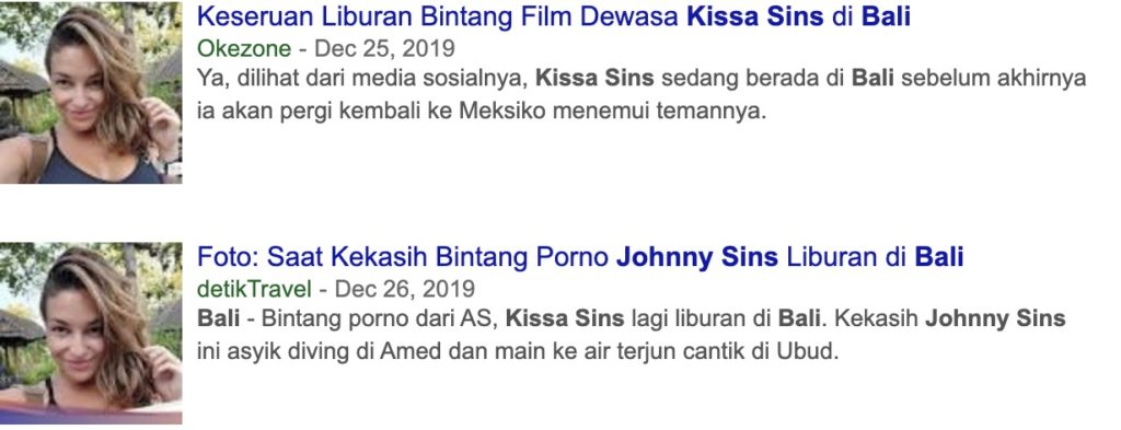 Screenshots of articles from local media outlets on Kissa Sins' trip to Bali. 