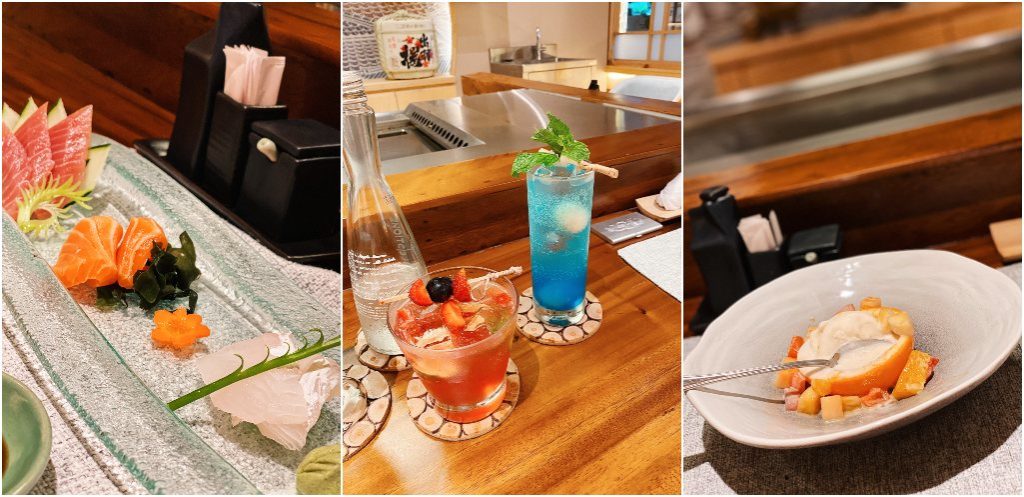 Left: sashimi platter. Center: cocktail and mocktail options. Right: Ice cream from the grill served in an orange peel. Photos: Coco Travel