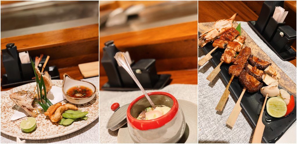 Left: Chef's Special creation from catch of the day. Center: Steamed egg custard. Right: Robatayaki (prawn, eel, chicken, beef, shitaki mushroom, eringi mushroom). Photos: Coco Travel