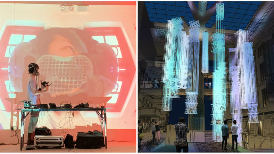 At left, an immersive installation on at Artspace@HeluTrans. At right, an artist’s impression of the Floating City light installation. Photos: Singapore Art Week website/National Gallery Singapore