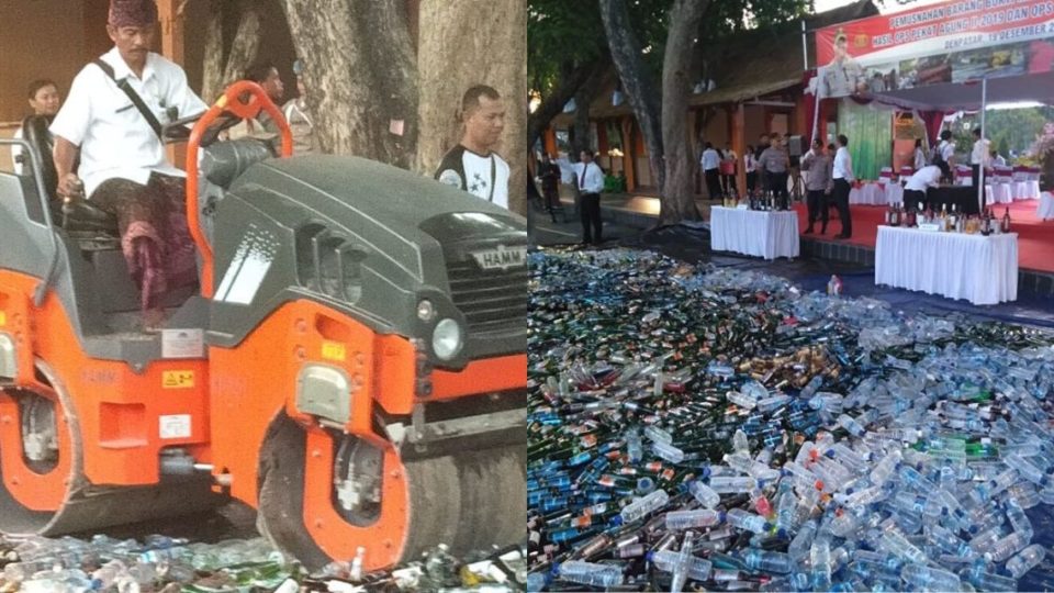The bottles were destroyed earlier today at Puputan Badung Field in Denpasar. Photos: Humas Polda Bali / Facebook