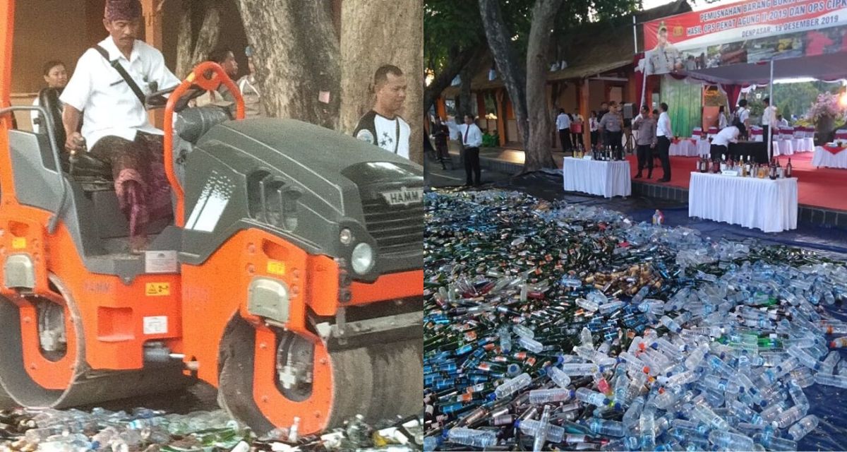 Thousands of illegal liquor bottles destroyed in Bali Coconuts