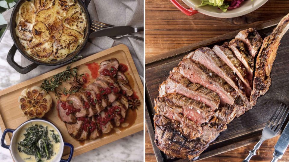 Cornerstone’s pan-seared Gressingham duck breast with cranberry sauce, comté gratin dauphinois and nutmeg creamed spinach (left), and Salted Pig’s Australian Tomahawk steak with garden salad and red wine jus (right) are on offer for Christmas dinner. Photos via PRIME and Why Not Asia.