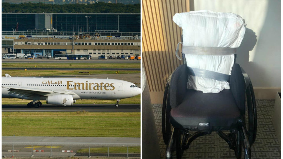 File photo of Emirates’ aircraft, at left, Gemma Quinn’s wheelchair sans back, at right. Photos: Mr Worker, Gill Quinn/Facebook