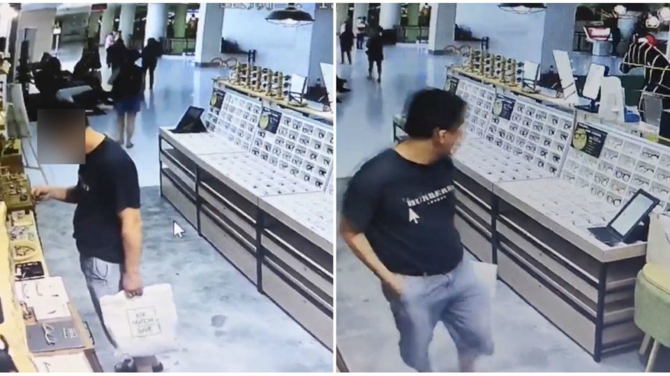 He used a Singaporean card and left a Singaporean phone/ID number before stealing some spendy spectacle frames. CCTV images show him scoping them out, at left, and Singaporean inspecting a pair of spectacle frames, at right, and then pocketing them, at right. Images: Young Look Vision/Facebook