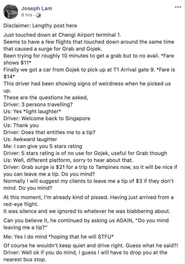 Facebook post on Gojek driver on Dec 18, 2019