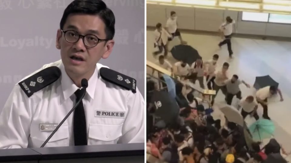 Police spokesperson Kong Wing-cheung addresses comments he made during a TV interview where he commented that protesters were to blame for a violent clash at Yuen Long MTR station in July. Screengrabs via Facebook video/YouTube.