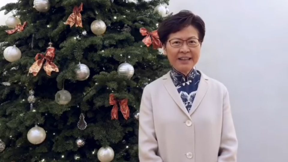 Carrie Lam appears in a Christmas video message posted to Facebook. Screengrab via Facebook.