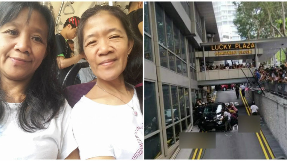 At left, Arlyn Nucos – one of the deceased – and sister Arcely – one of four seriously injured. At right, scene from the car crash outside Lucky Plaza. Photos: Andrei Nucos, SG Kay Poh/Facebook